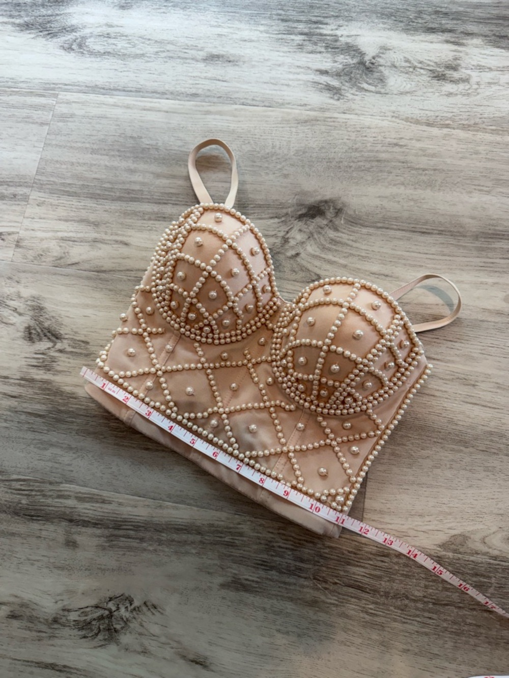 Pearl-Embellished Bustier Bralette in Nude